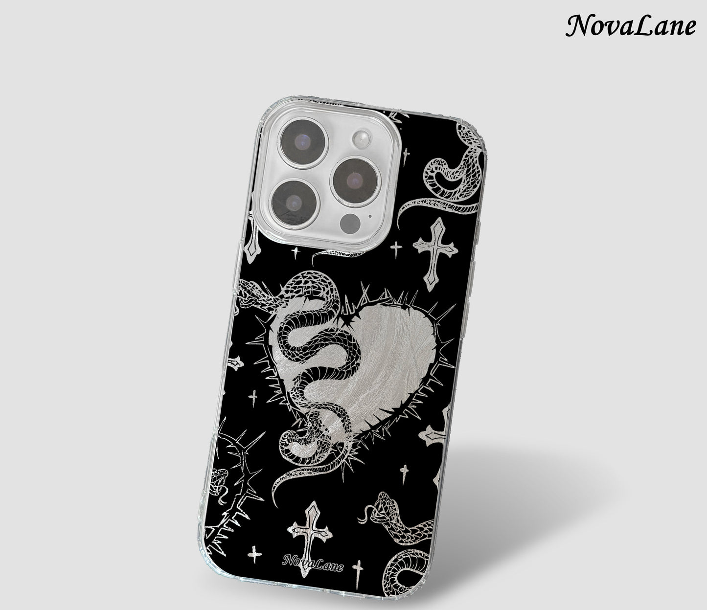 Phone case with snake and heart design on a black background, brand 'NovaLane' visible