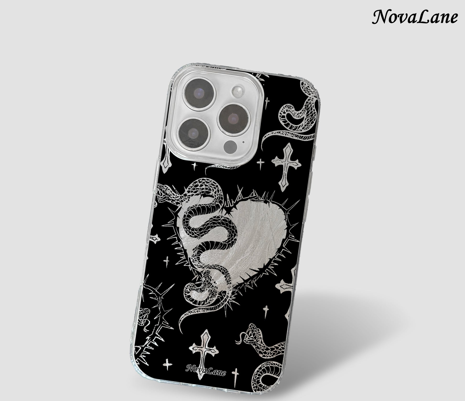 Phone case with snake and heart design on a black background, brand 'NovaLane' visible