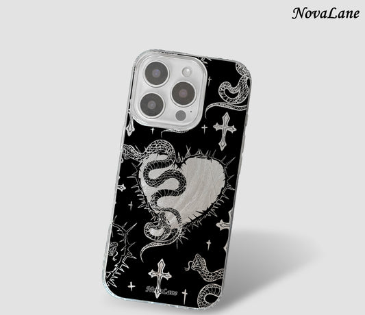 Phone case with snake and heart design on a black background, brand 'NovaLane' visible