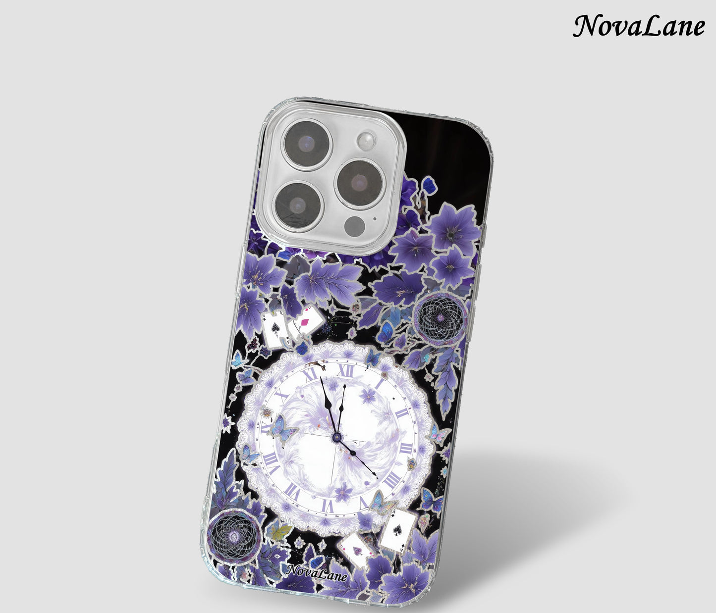Phone case with floral design and clock face on a white background, branded 'NovaLane'.
