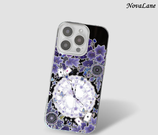 Phone case with floral design and clock face on a white background, branded 'NovaLane'.