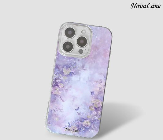 Phone case with purple and white design on a light gray background, branded 'NovaLane'.